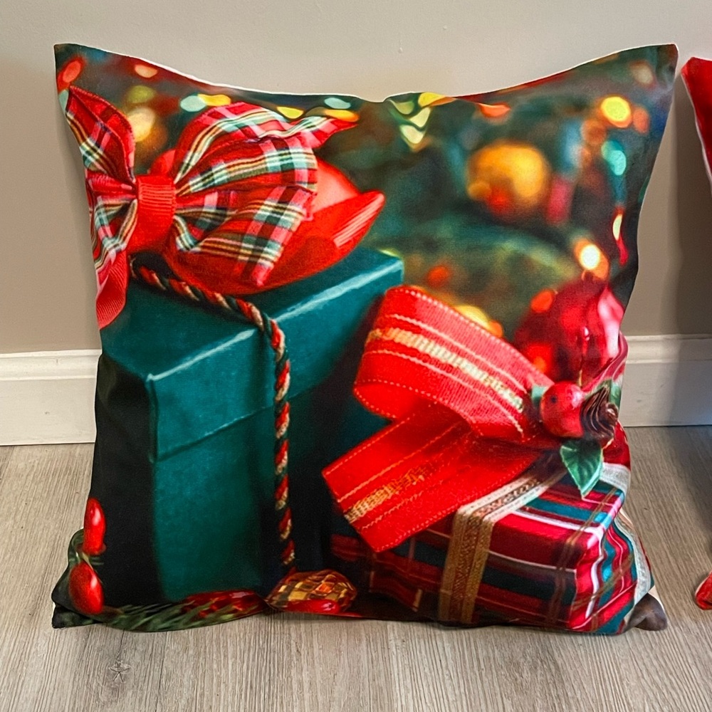 New Handmade Decorative Throw Holiday Gift Box Pillow with Red and Green Accents